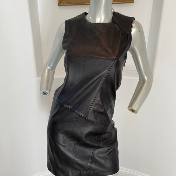 TESS GIBERSON Leather Shift Mini Black Dress Size 0 - Picture 1 of 16